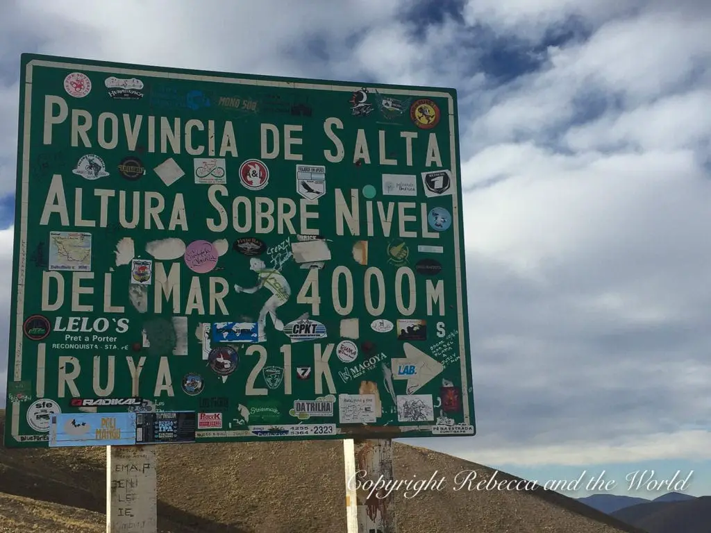 A colorful signboard covered with various stickers at an elevation of 4000 meters above sea level in the province of Salta, North Argentina. Getting to Iruya is a challenge, but worth it.